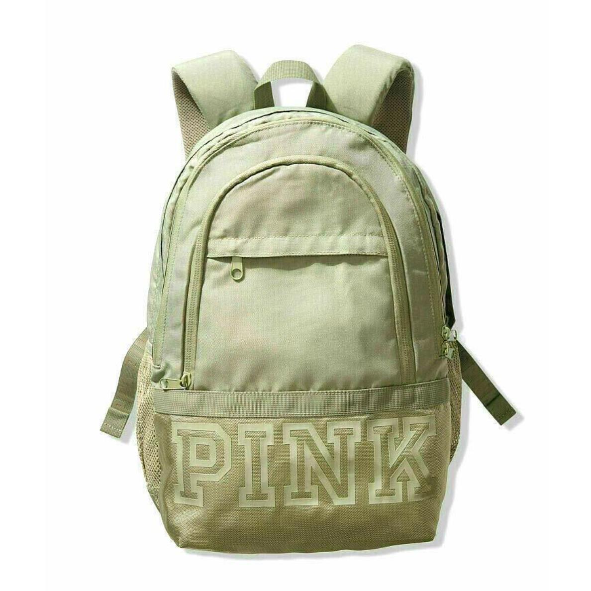Pink Victoria`s Secret Shale Green Backpack Collegiate Campus Laptop Bag - Exterior: Green/Army Green, Lining: Black