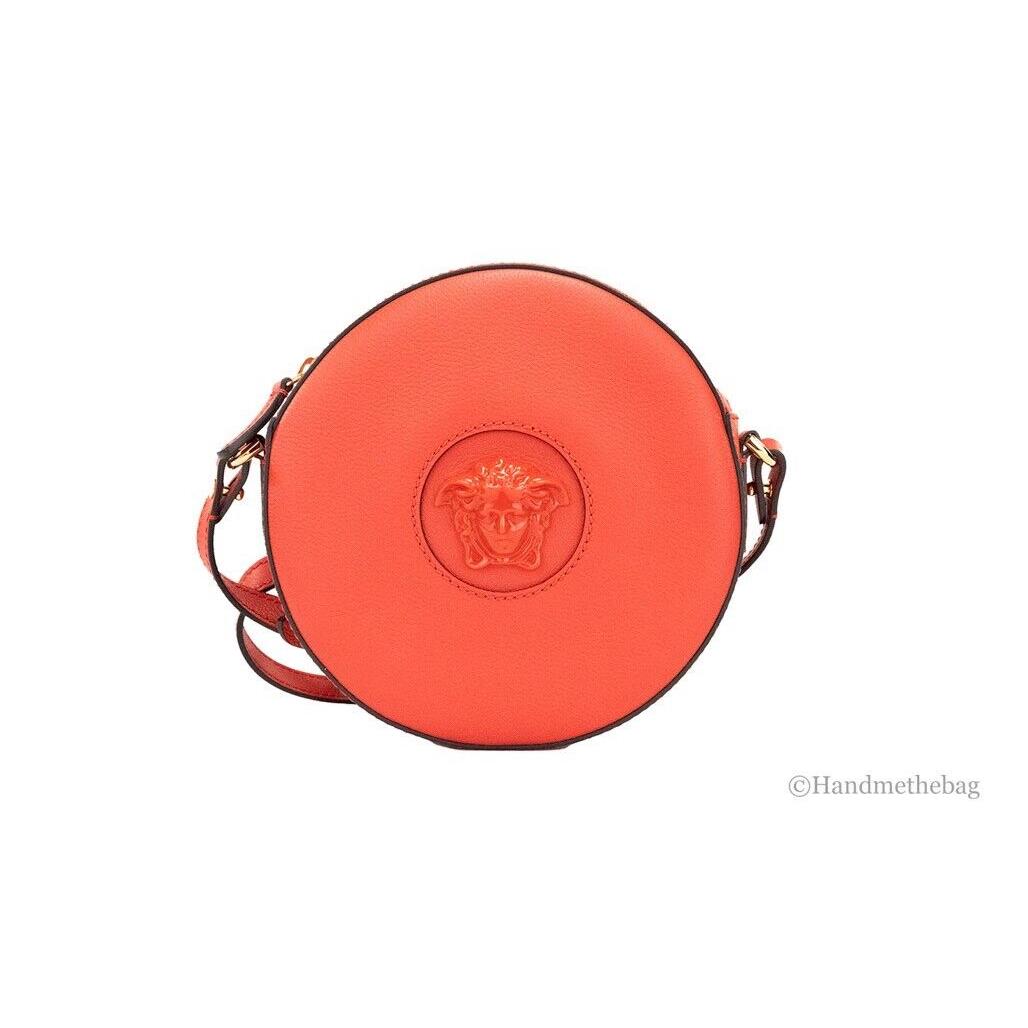 Versace Round Disco Red Pebbled Leather Camera Case Crossbody Bag Purse