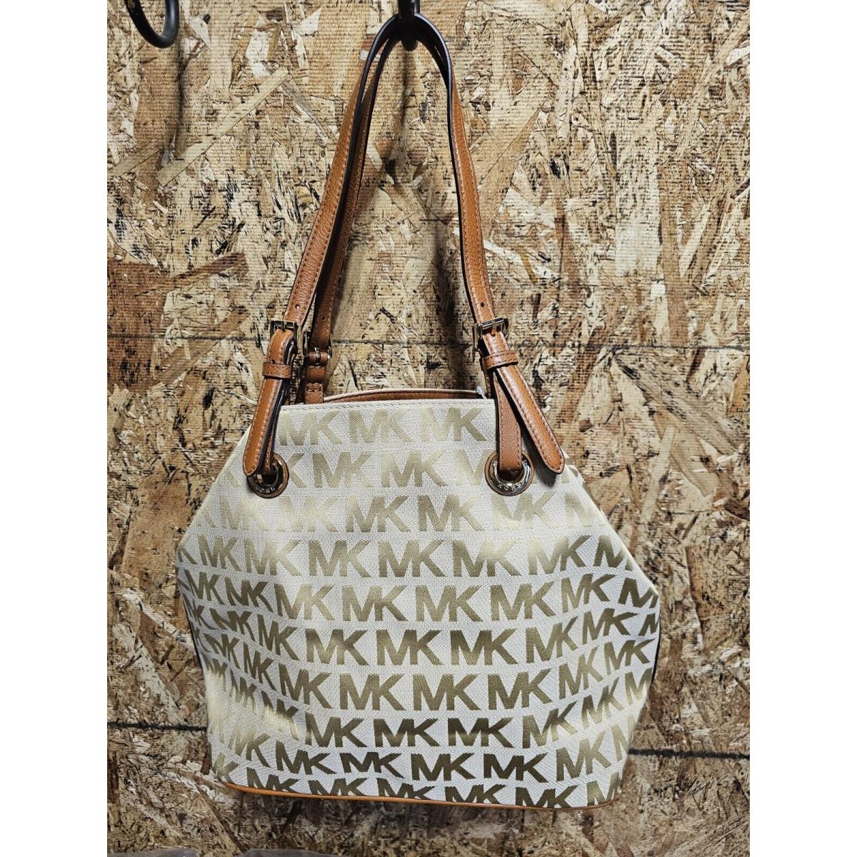 Michael Kors Logo Jacquard Leather Jet Set Grab Bag Beige Camel Luggage Tote