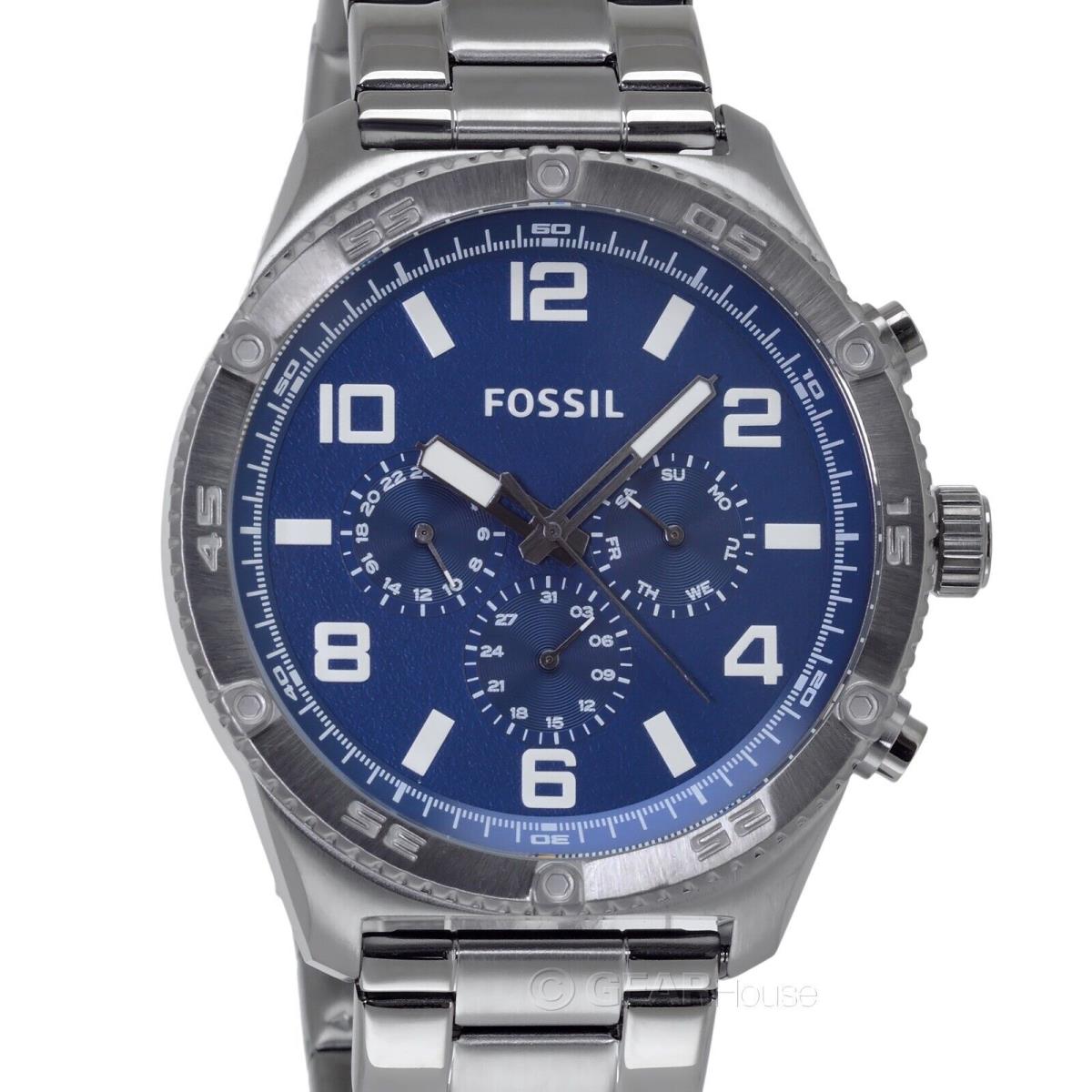 Fossil Brox Mens Multifunction Watch Large Blue Dial Smoke Gray Stainless Steel