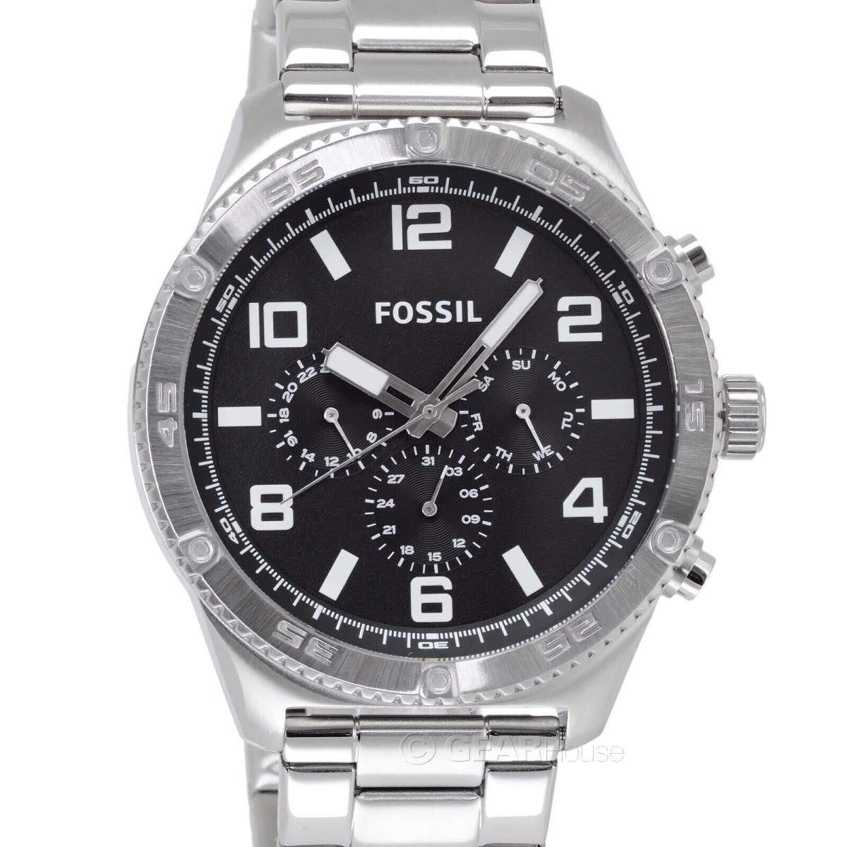 Fossil Brox Mens Multifunction Watch Large Black Dial Silver Stainless Steel