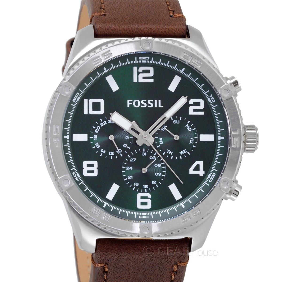 Fossil Brox Mens Multifunction Watch Large Green Dial Brown Leather Strap