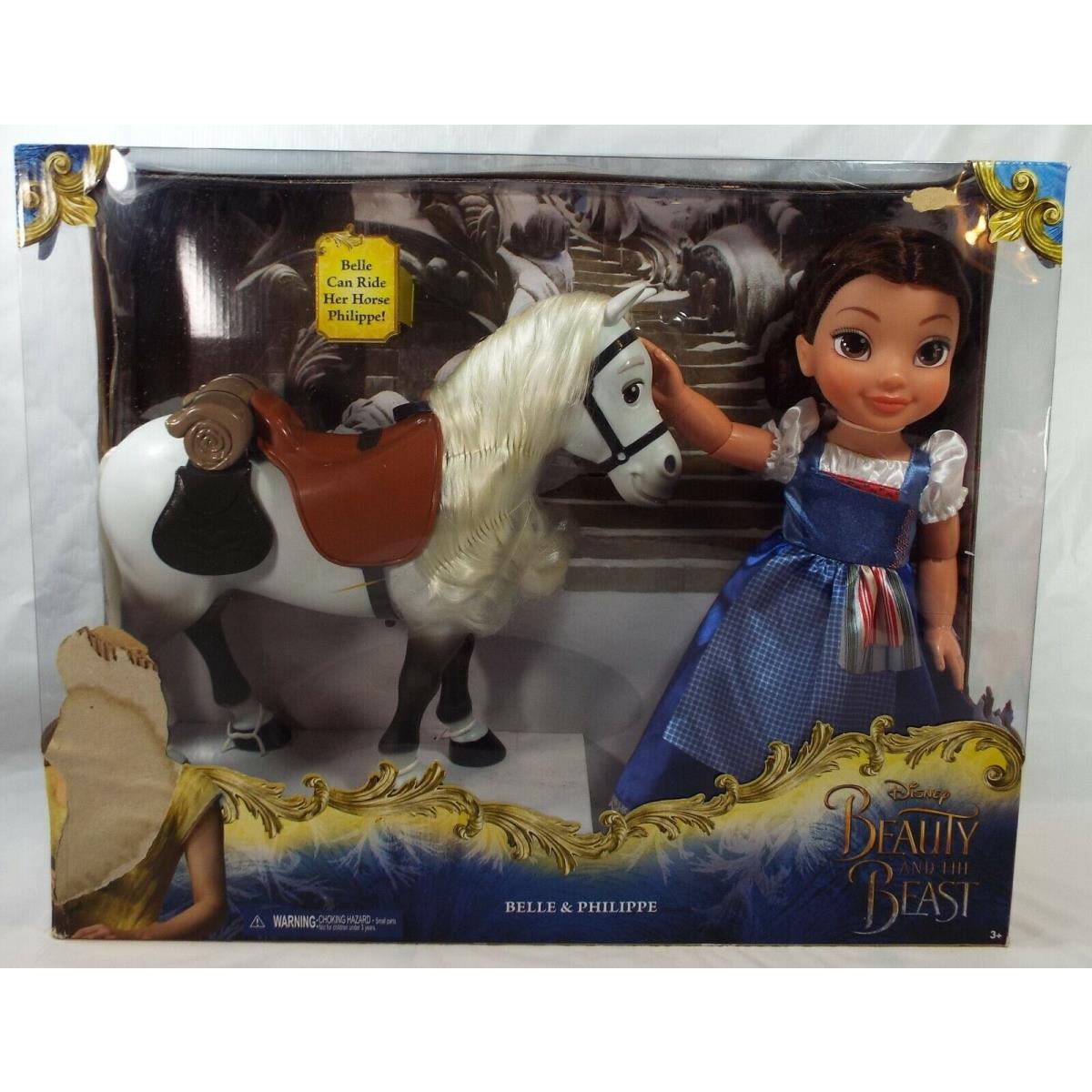 Disney Beauty and The Beast Belle Blue Dress Doll w Philippe Horse Play Set