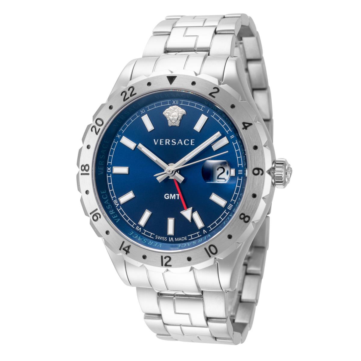 Versace Men`s V11010015 Hellenyium 42mm Quartz Watch - Dial: Blue, Band: Silver, Other Dial: Blue