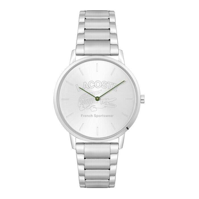 Lacoste Crocorigin Men`s Silver Tone Logo Dial Steel 41mm Watch 2011214