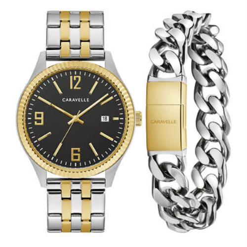 Caravelle Men`s Boxed Set with Two Tone Watch with Black Dial and Bracelet