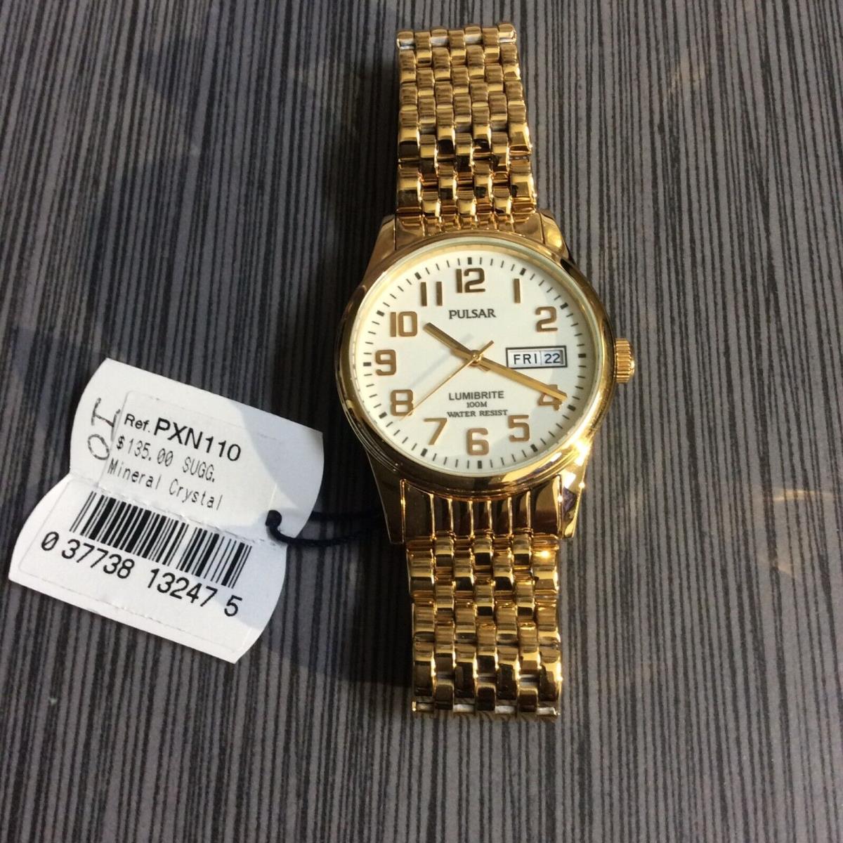 Pulsar PXN110 Men`s Gold Watch Round Lumibrite Dial Day Date Numbered Hours