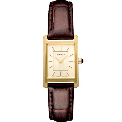 Seiko Essentials Beige Dial Brown Band Square Gold Case Watch SWR066