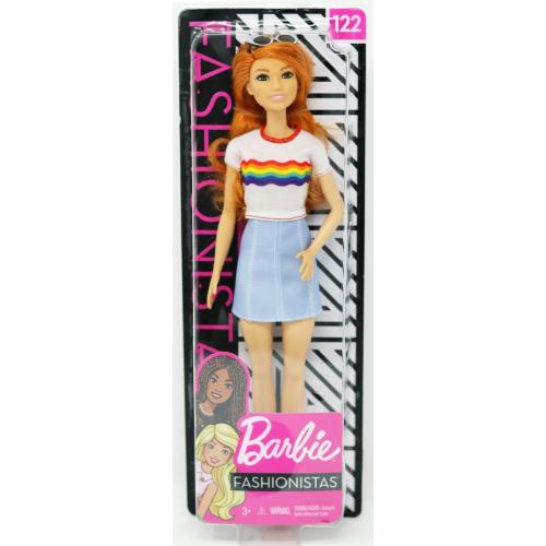 Barbie Fashionistas Doll 122 Red Hair Rainbow Top Denim Skirt