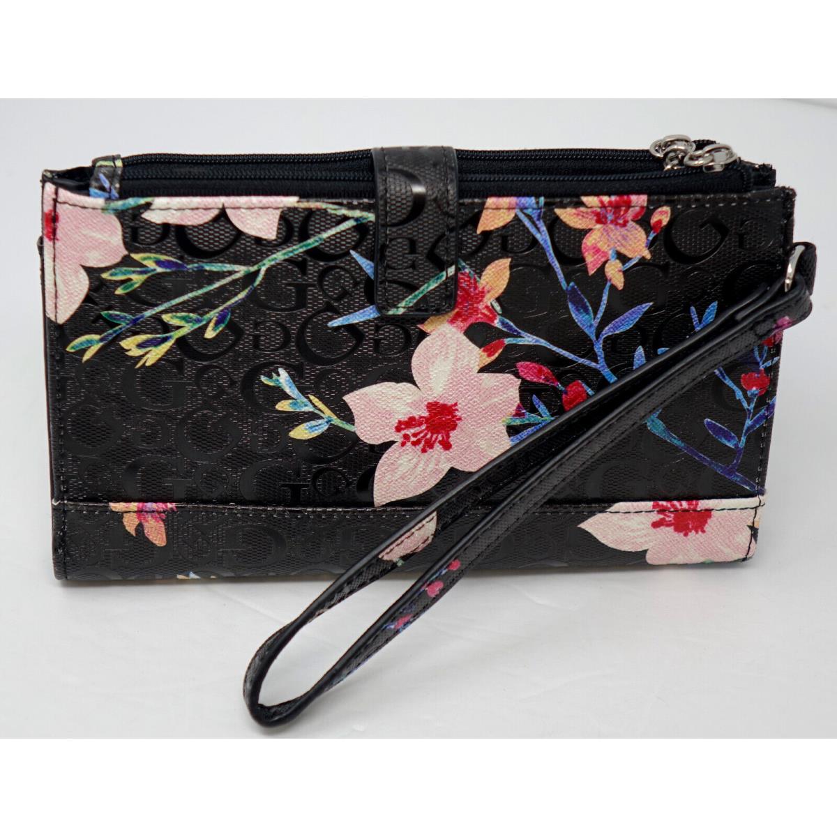 Guess Women`s Black Pink Floral Patent Logo Double Zip Wristlet Wallet
