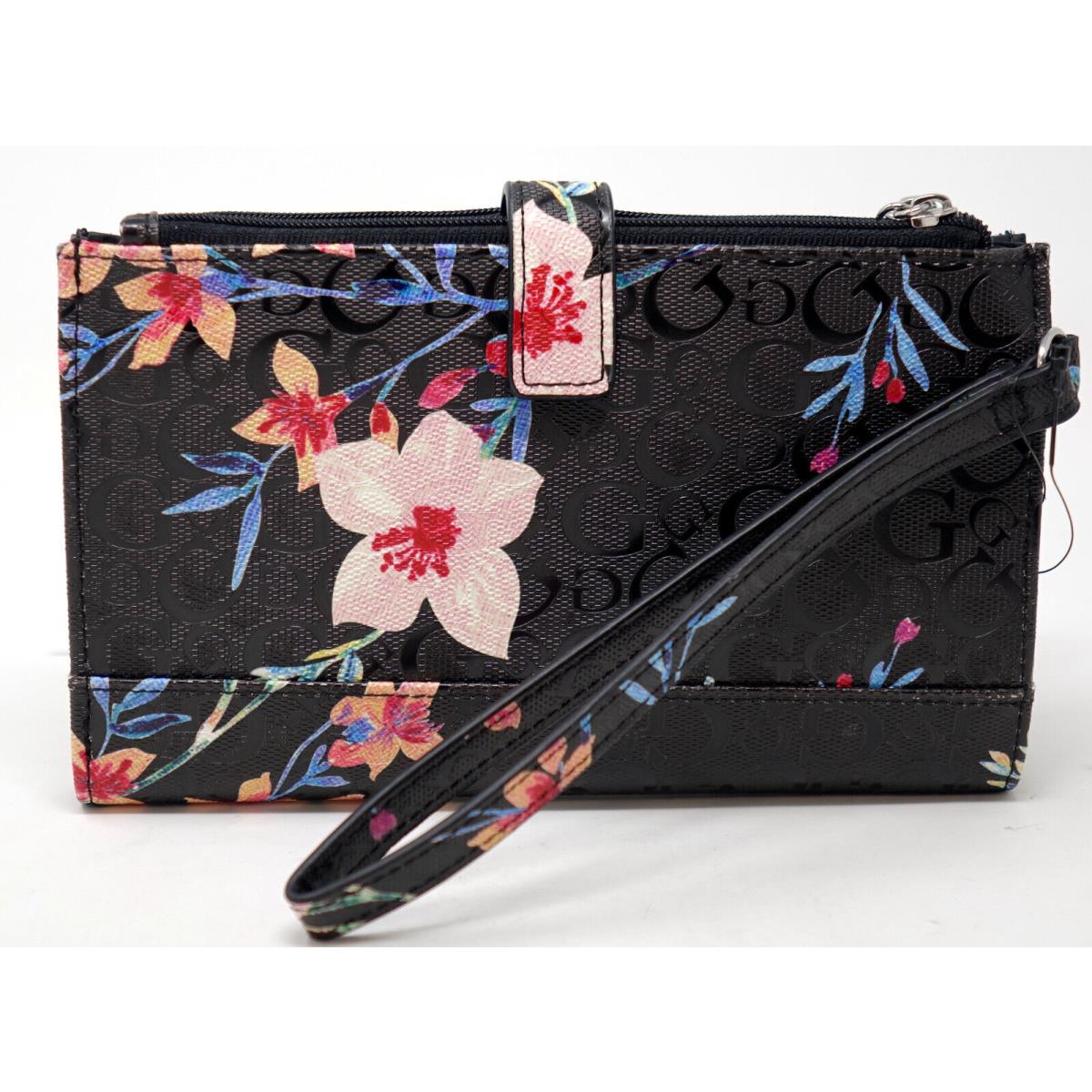 Guess Women`s Black Pink Floral Patent Logo Double Zip Wristlet Wallet