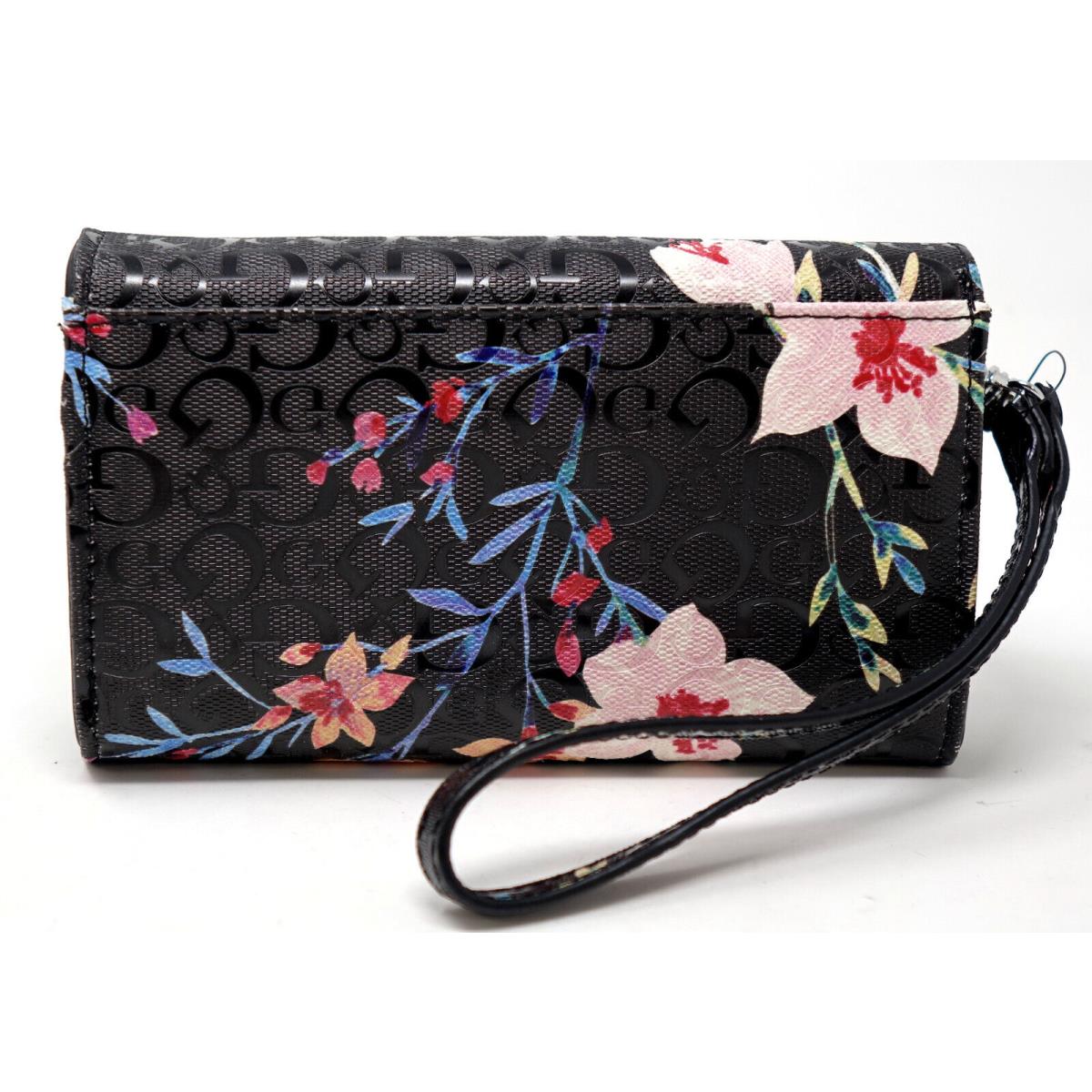 Guess Women`s Black Pink Floral Patent Logo Wristlet Wallet