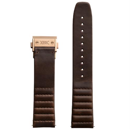 Xeric 22mm Ribbed Horween Leather Brown Strap with Rose Gold Deployant Clasp - B
