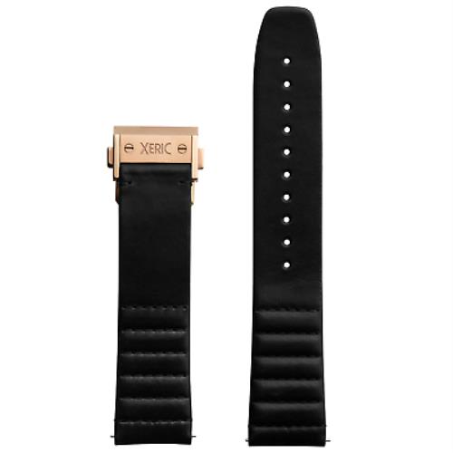Xeric 22mm Ribbed Horween Leather Black Strap with Rose Gold Deployant Clasp - B
