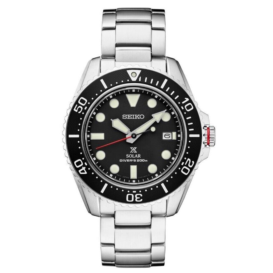 Seiko Prospex Solar Diver s Stainless Steel Watch SNE589 - Dial: Black, Band: Silver, Bezel: Black, Silver