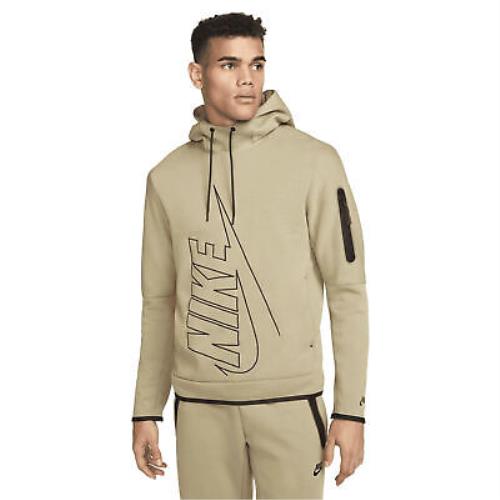 Men`s Nike Sportswear Khaki Graphic Tech Fleece Pullover Hoodie DX0577 247 - Khaki