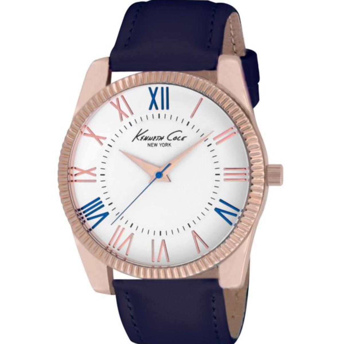 Kenneth Cole Unisex Rose Gold Tone Watch 38 mm Blue Leather Strap 10021684 Roman