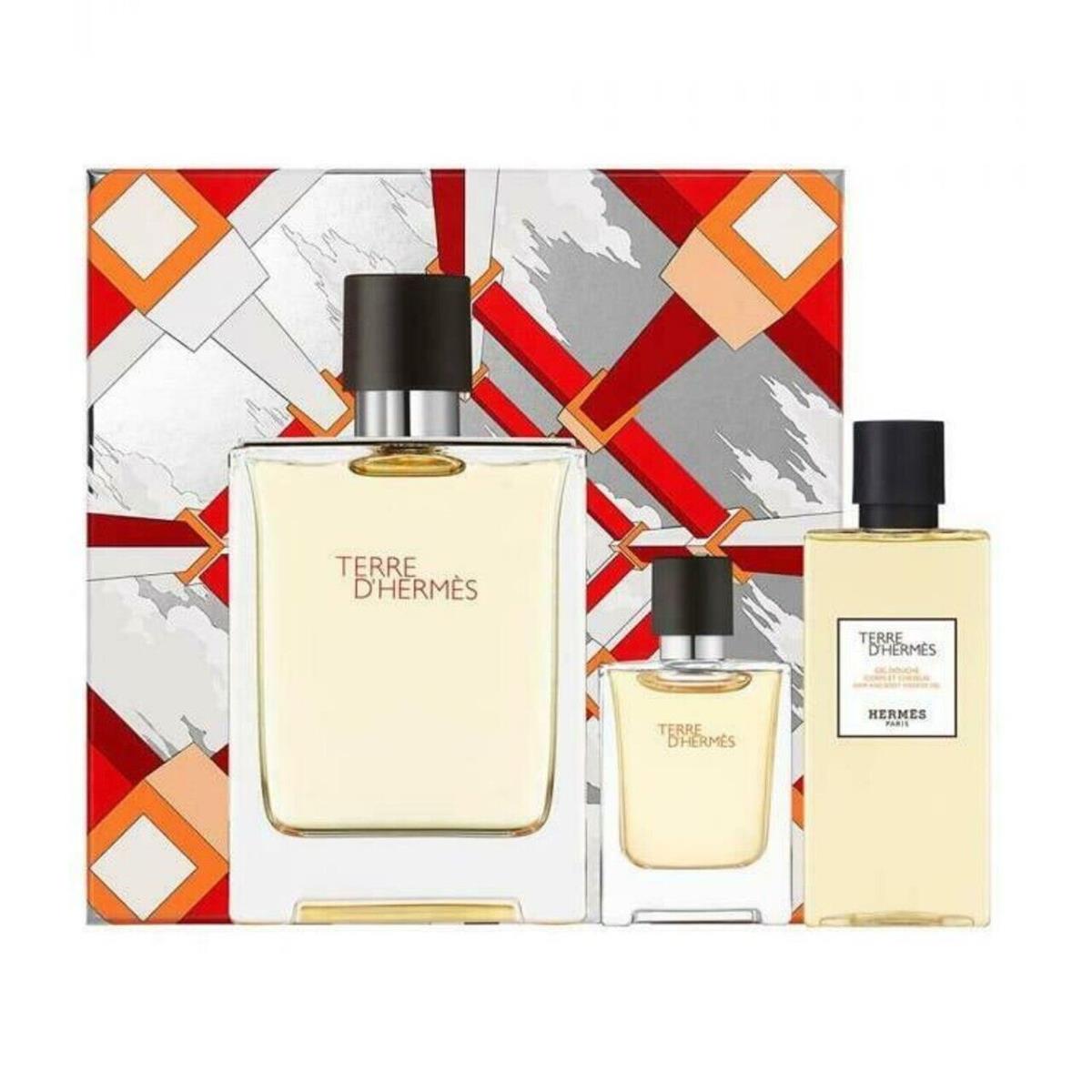 Terre D`hermes 3 PC Gift Set For Men - 3.4OZ Edt + 0.42OZ Edt + 2.7OZ Shower Gel