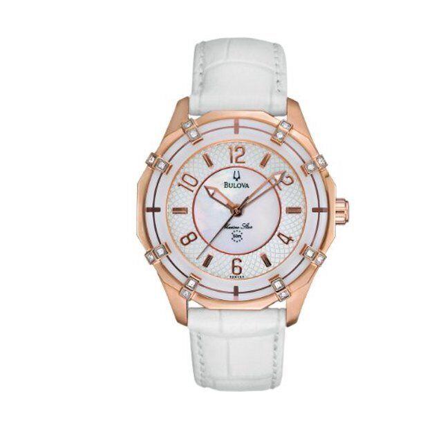 Bulova Women`s 98R150 Sport Marine Star Diamond Bezel White Leather