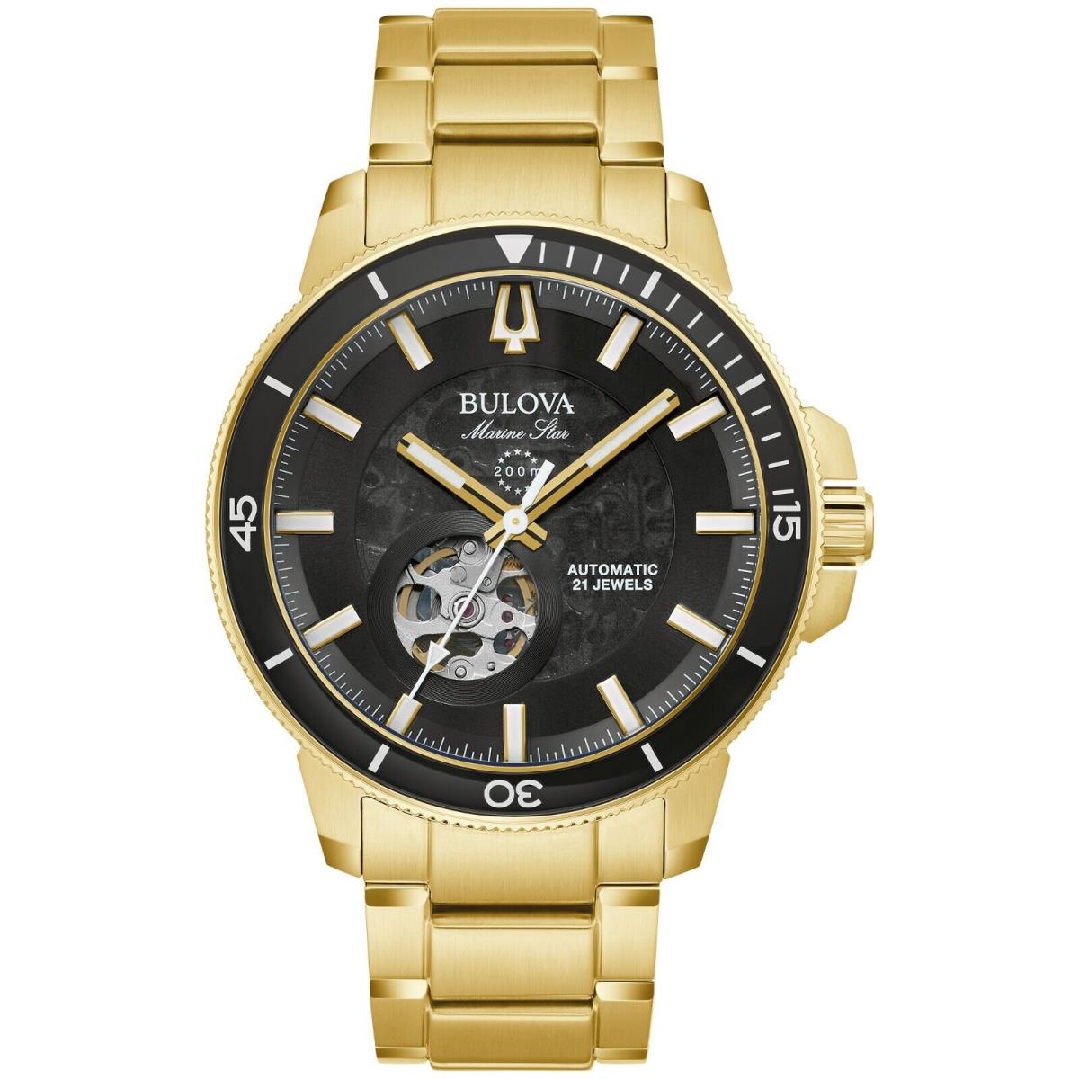 Bulova Men`s Automatic Skeleton Luminous Gold Stainless Steel Watch 45 MM 97A174 - Dial: Black, Band: Gold, Bezel: Gold, Black