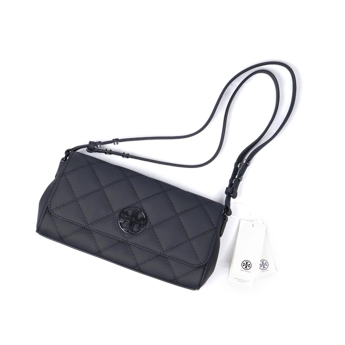 Tory Burch Willa Matte Black Diamond Quilting Shoulder Clutch Bag Purse 146740