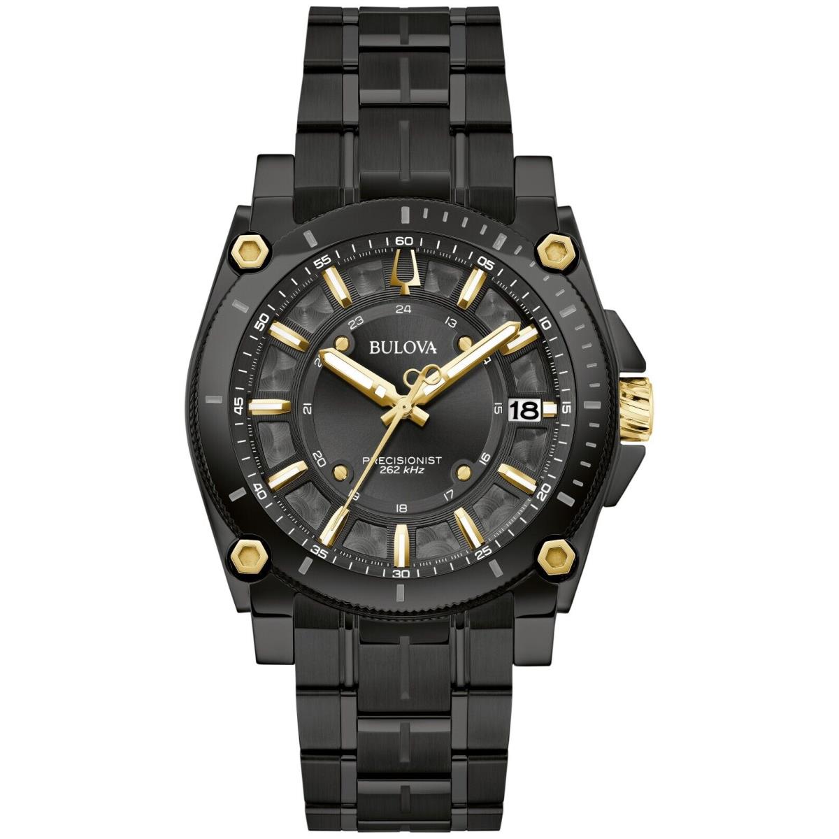 Bulova Men`s Icon Calendar Precisionist Luminous Quartz Black Watch 40 MM 98B408 - Dial: Black, Band: Black