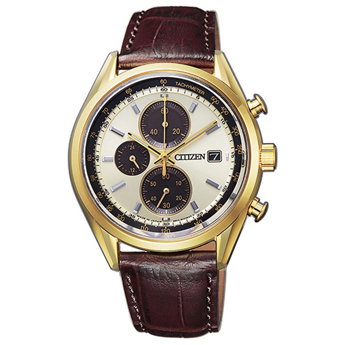 Citizen Eco Drive Mens Watch Solar Chronograph Gold Champagne Brown Leather