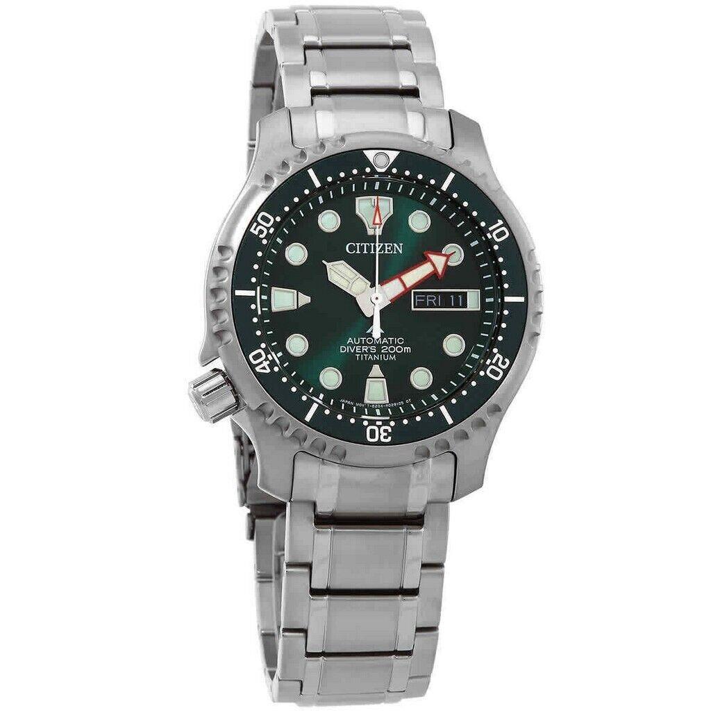 Citizen Men`s Promaster Automatic Green Dial Titanium Watch - NY0100-50X - Dial: Green, Band: Silver, Bezel: Black