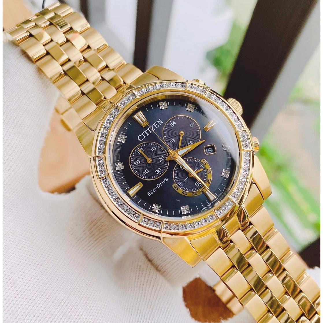 Citizen Men`s Watch Chronograph Date Crystal Gold Tone Black Dial AT2452-52E - Dial: Black, Band: Gold, Bezel: Gold