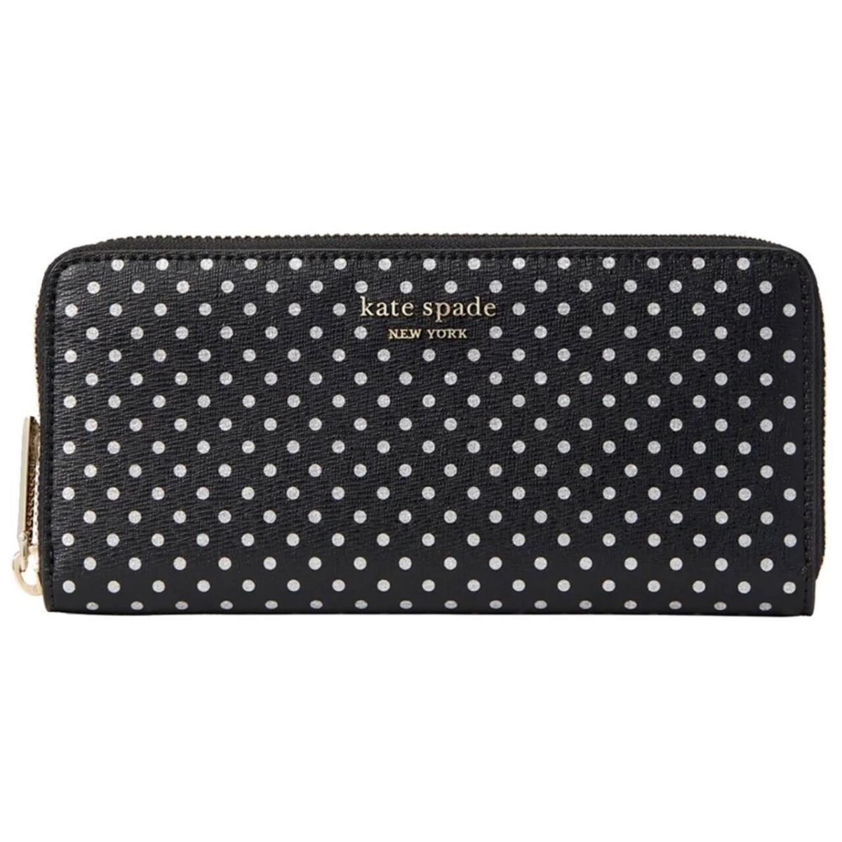 Kate Spade Spencer Slim Zip Around Continental Wallet Black w/ Metallic Dot