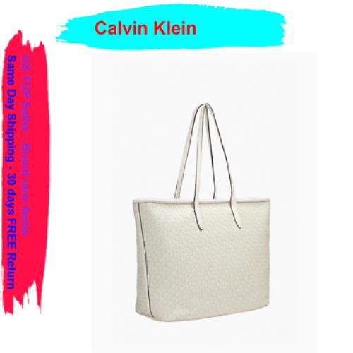 185 Calvin Klein Monogram Logo Pebble Tote Bag White - White Exterior