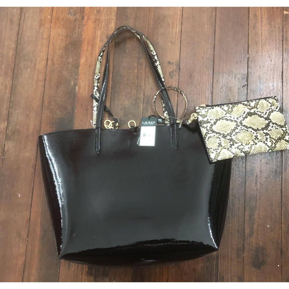 2 Pc Ralph Lauren Merrimack Reversible Tote Bag Purse Black Python Snakesk