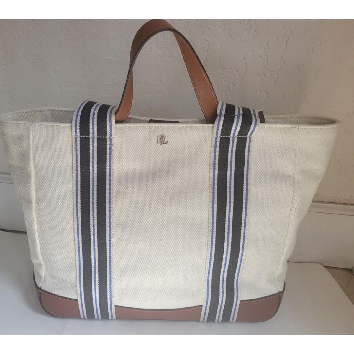 Ralph Lauren Lora Large Striped Double Handled Canvas Leather Tote Bag 275