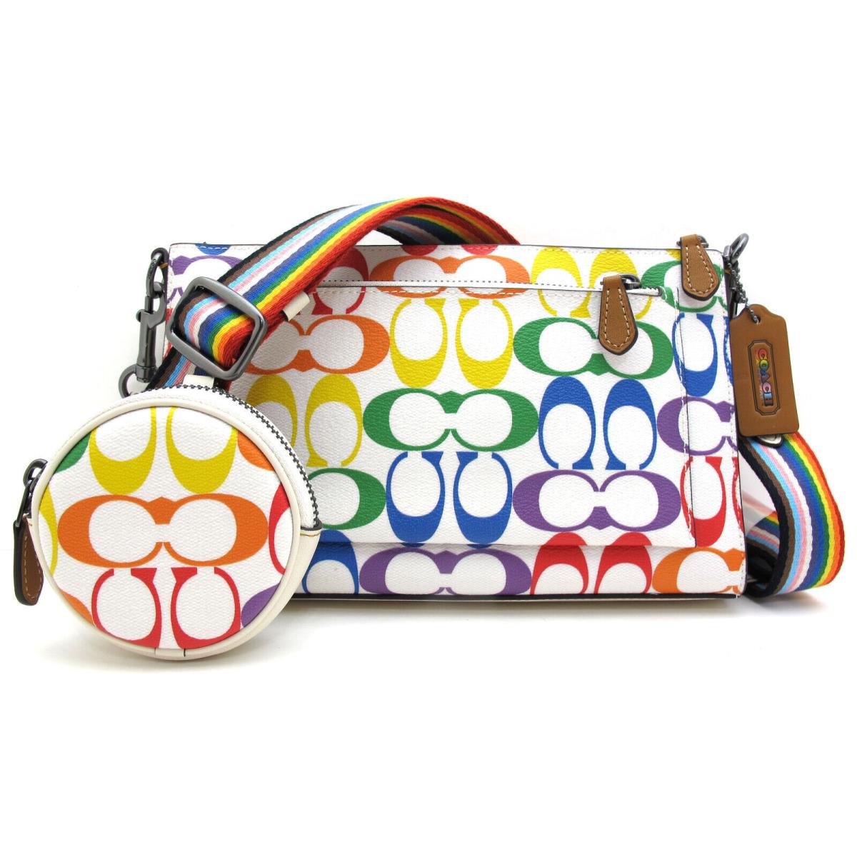 Coach Holden Clutch Crossbody W/attached Pouch Signature Rainbow Chalk Multi