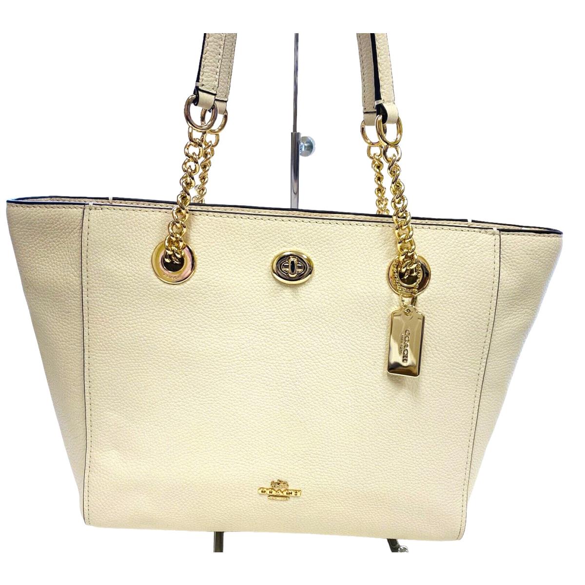 Coach Turnlock Chain Tote 27 Chalk White Pebble Leather Shoulder Bag 57107
