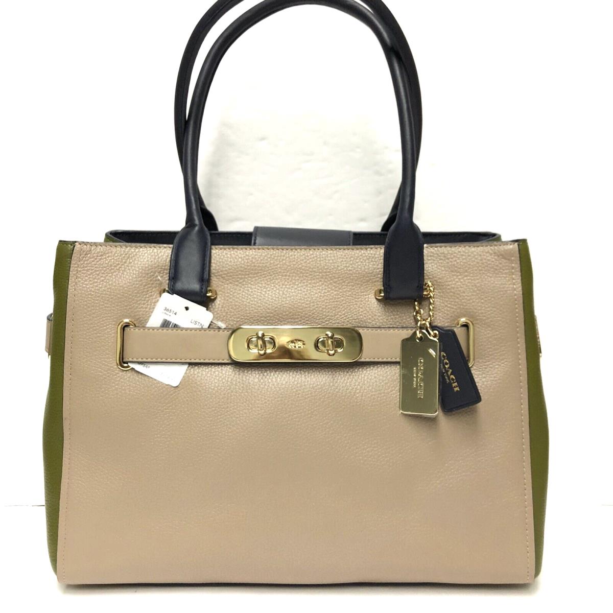 Coach Swagger Carryall Colorblock Leather Tote Satchel Stone Green Navy NEW36514