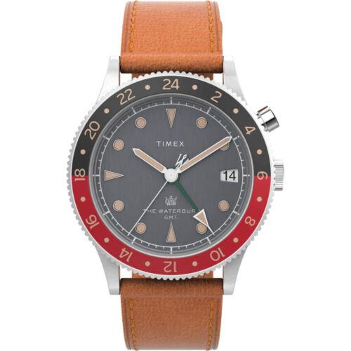 Timex Men`s Watch The Waterbury Gmt Rotating Bezel Tan Leather Strap TW2V74000 - Dial: Black, Band: