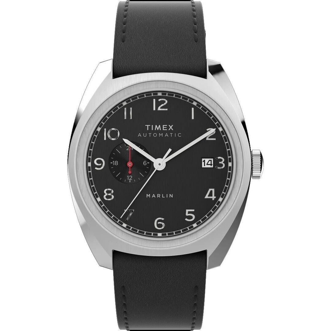 Timex TW2V62100 Men`s Marlin Black Leather Band Sub-dial Automatic 39mm Watch - Dial: Black, Band: Black, Bezel: