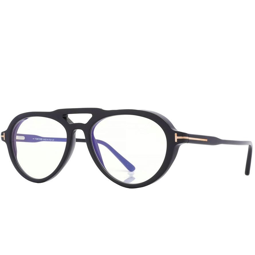 Tom Ford FT5760B 001 Shiny Black/clear Blue Light Block Round Men`s Eyeglasses