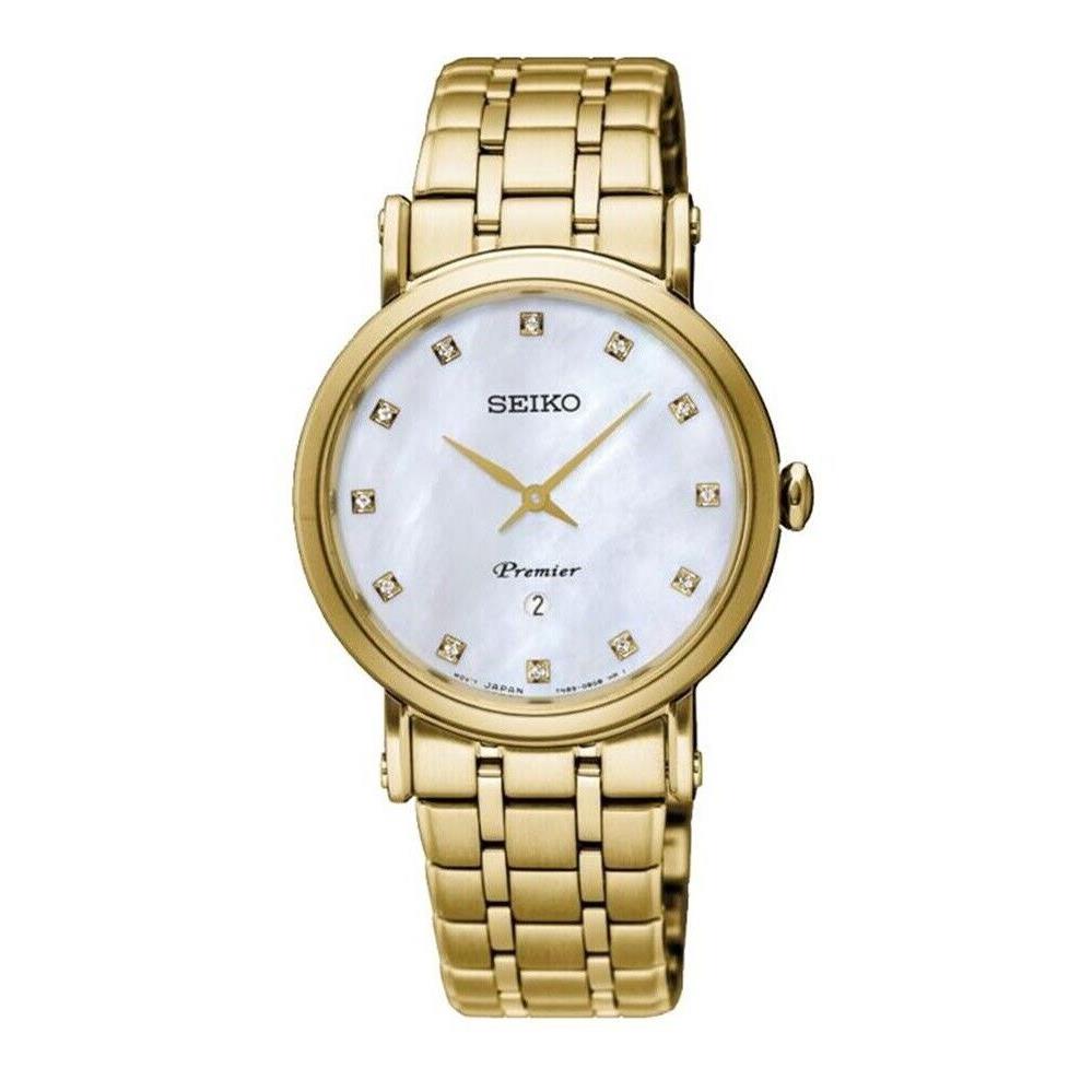 Seiko Premier Quartz Diamond White Mother of Pearl Dial Ladies Watch SXB434 - Dial: White, Band: Gold, Bezel: Gold