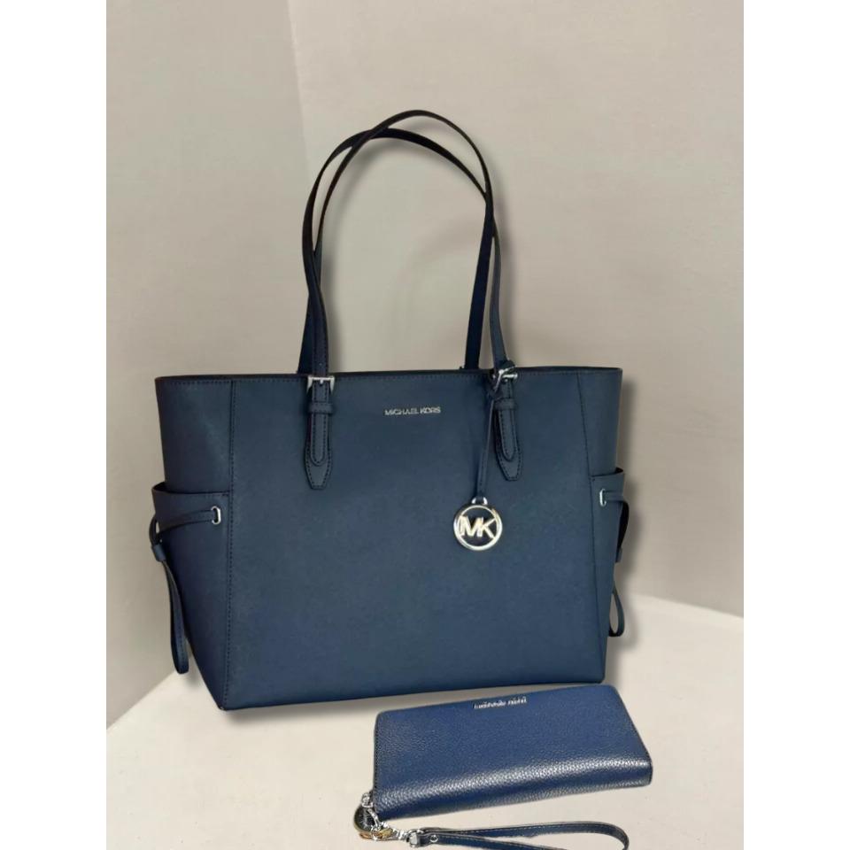 Michael Kors Gilly Large Navy Leather Tote Bag and Continental Wallet Combo