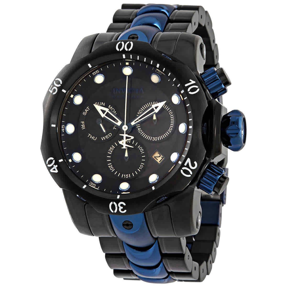 Invicta Venom Chronograph Black Carbon Fiber Dial Two-tone Men`s Watch 15461 - Dial: Black Carbon Fiber, Band: Two-tone (Black and Blue), Bezel: Black Ion-plated