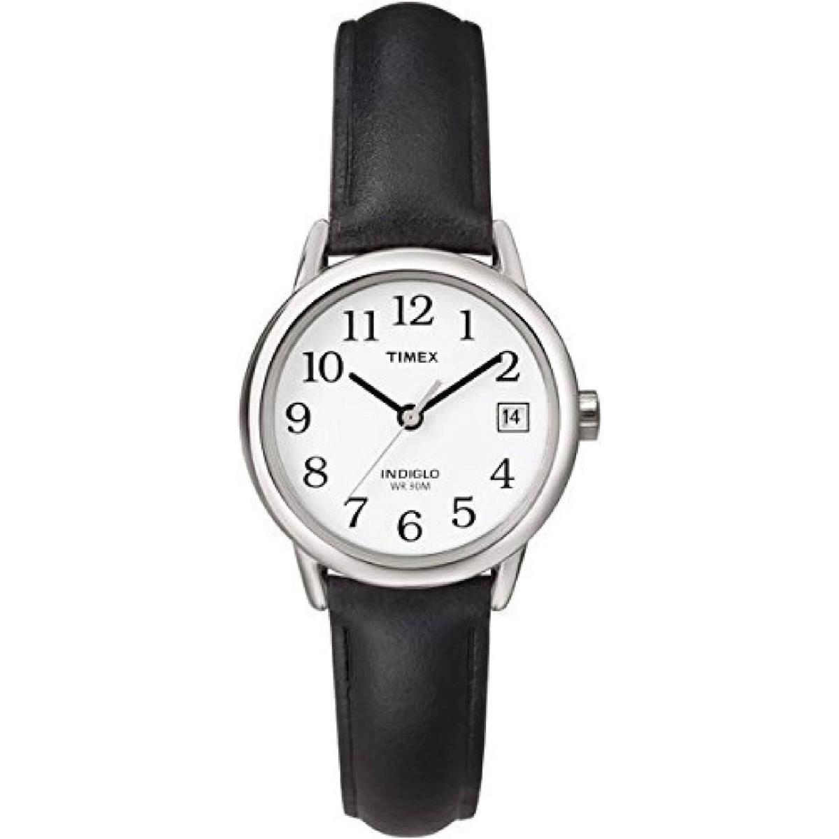 Timex T2H331 Women`s Easy Reader Black Leather Strap Watch - Dial: White, Band: Black, Bezel: Silver