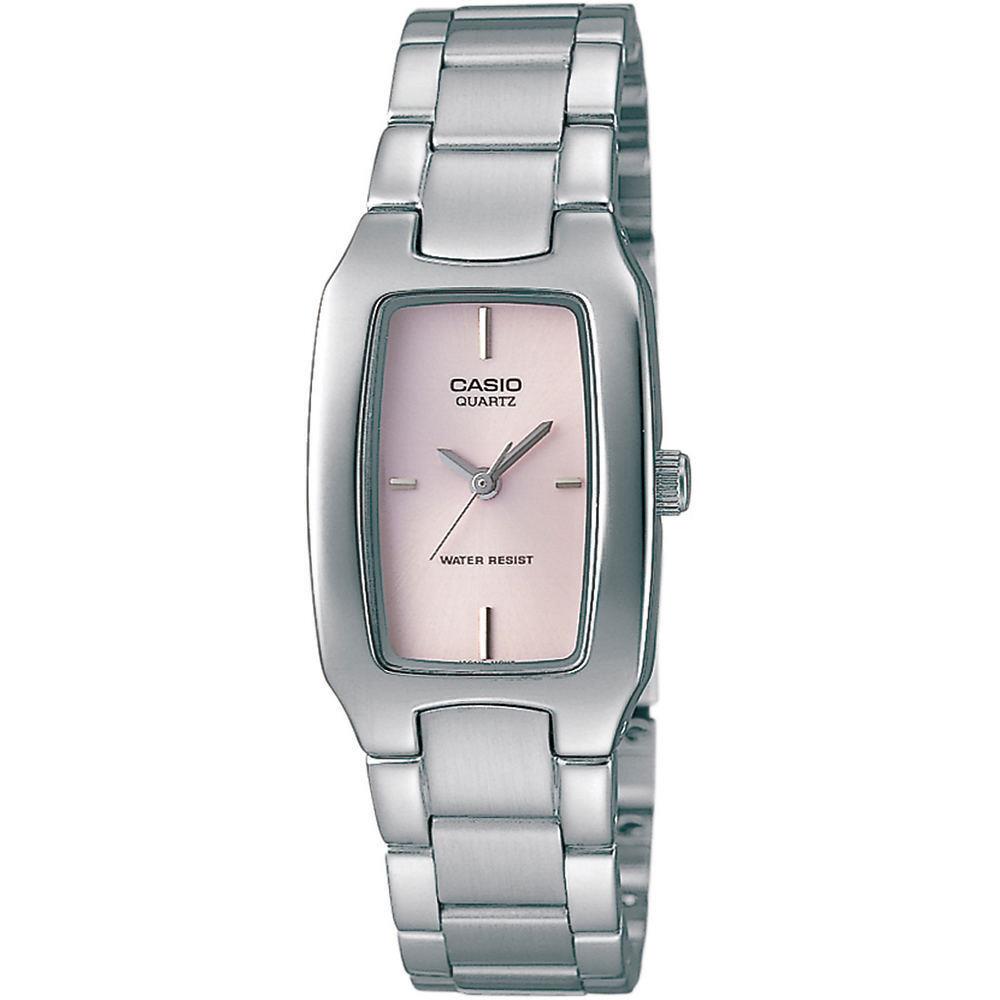 Casio Ladies Silver-tone Stainless Steel Watch Pink Rectangle Dial