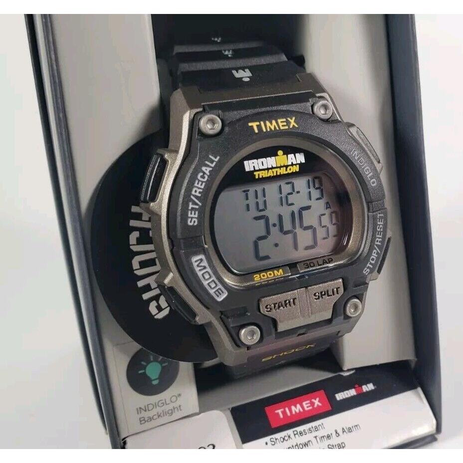 Timex T5K195 Men`s Ironman Triathlon 30-Lap Resin Watch Alarm Shock Indiglo B1 - Dial: Gray, Band: Black, Bezel: Black