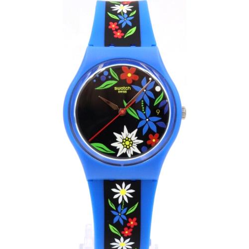 Swiss Swatch Edelblau Blue Silicone Floral Watch 34mm GN412