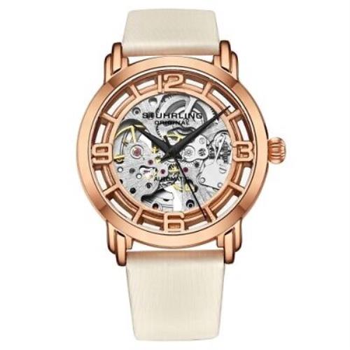 Stuhrling 3982 5 Winchester Automatic Skeleton White Leather Womens Watch