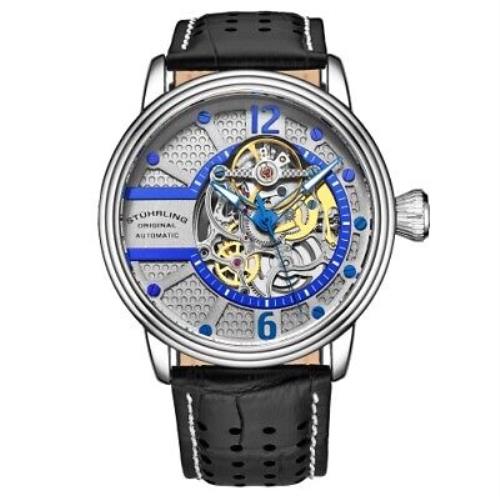 Stuhrling 3971 4 Automatic Skeleton Black Leather Strap Mens Watch - Dial: Silver, Band: Black