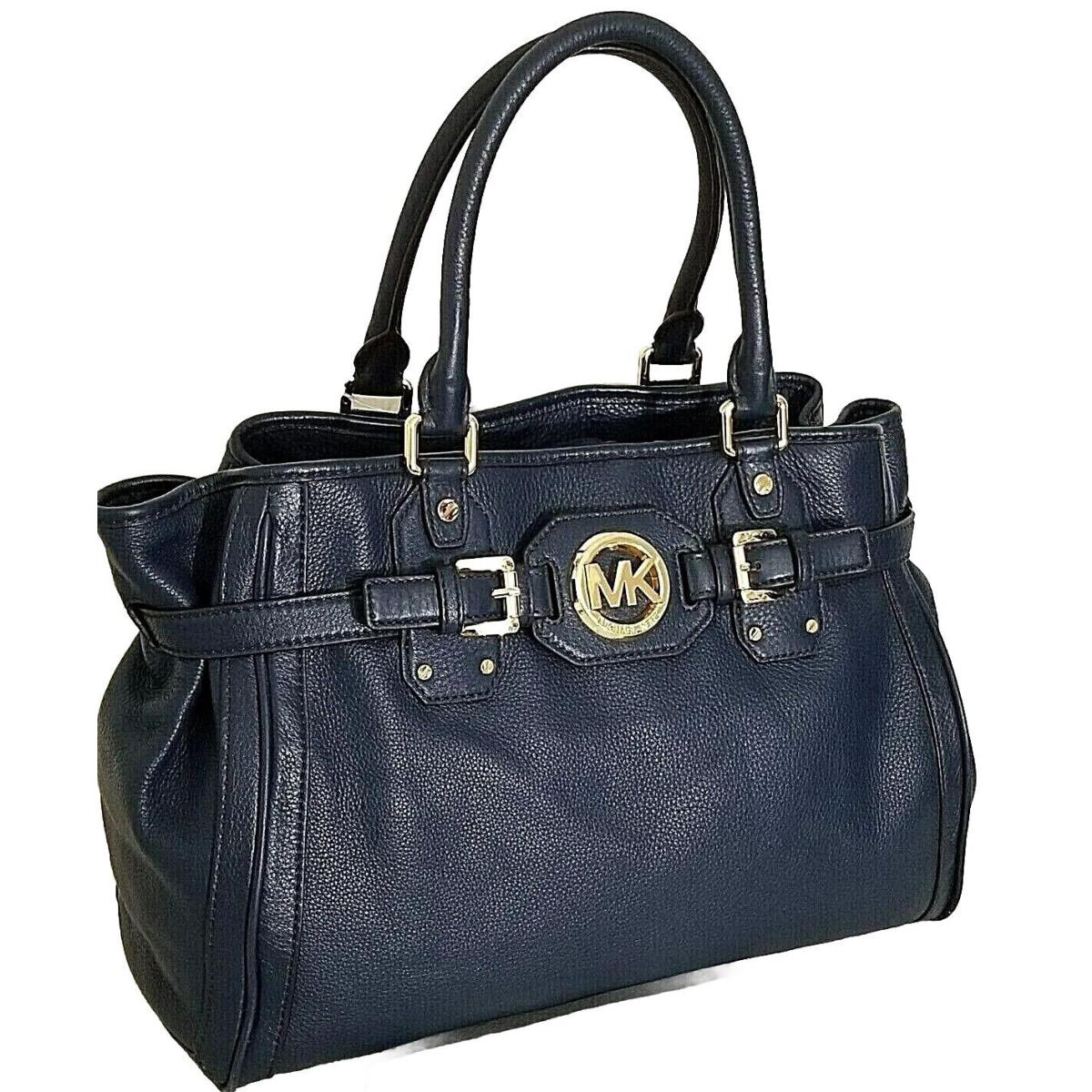 Michael Kors Hudson Navy Blue Leather Gold Logo Belted Large Tote Bag