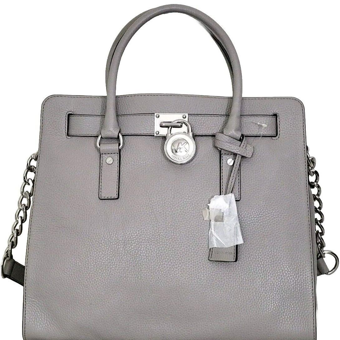 Michael Kors Hamilton Large Pearl Gray Leather Silver Lock NS Tote Bag